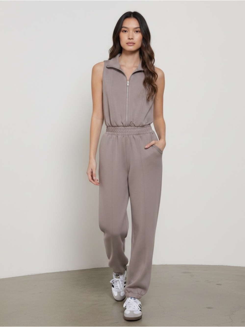 1341 • Taupe Butter Soft Scuba Zip Front Sleeveless Jumpsuit